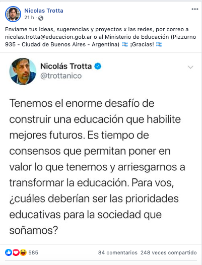 El Ministro de Educación de Argentina invita a la participación ciudadana a través de redes sociales